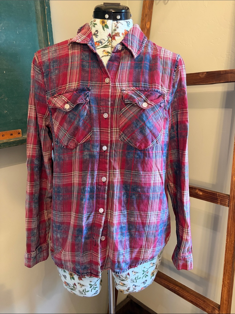 love, Fire Red and Blue Plaid Button-Down Women's Shirt